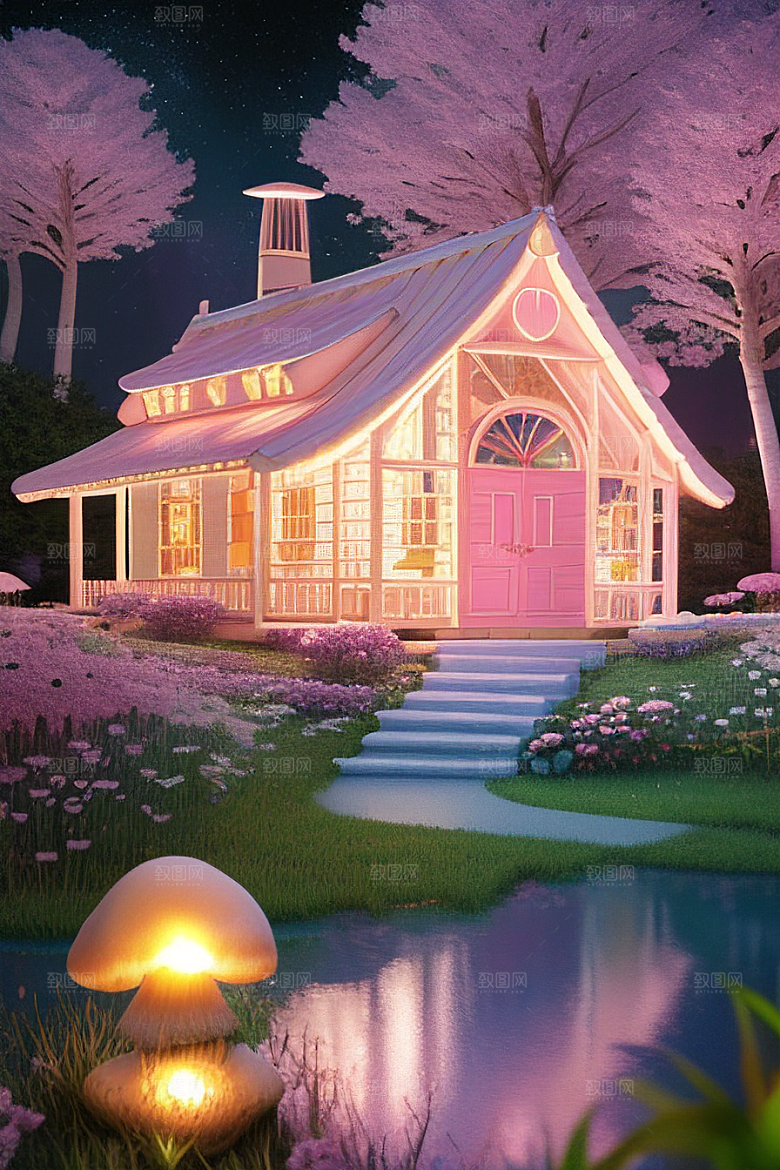 粉色蘑菇屋中的夏日仙境