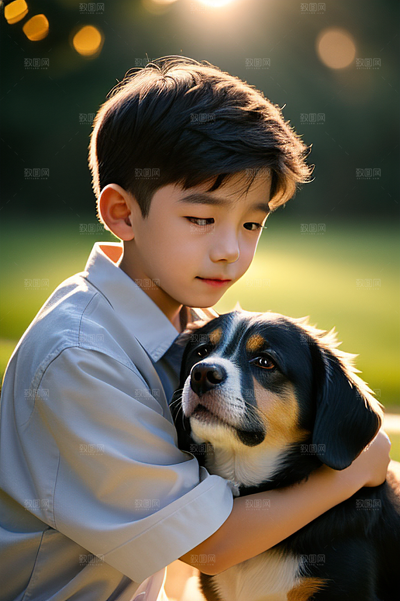 心有灵犀男孩与狗的画像