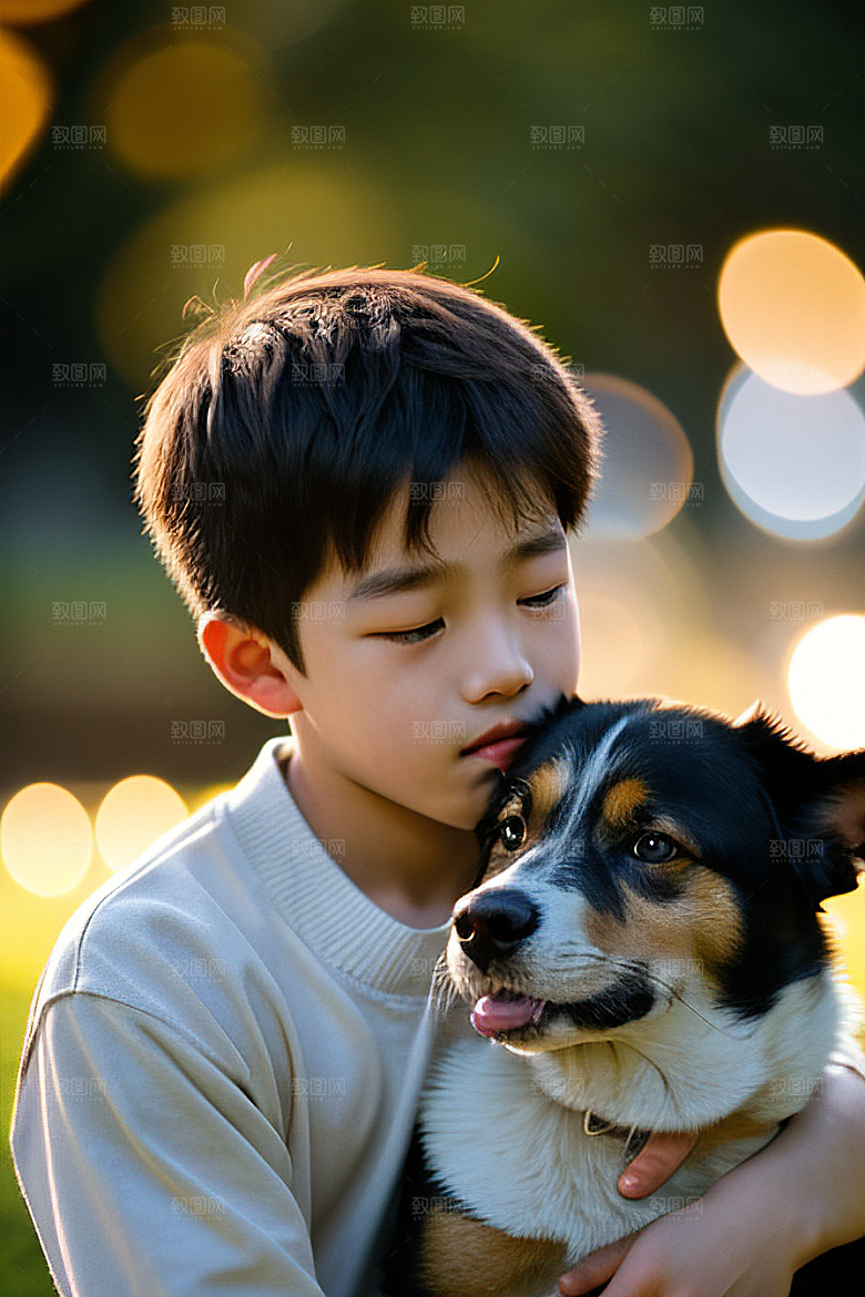 心有灵犀男孩与狗的画像