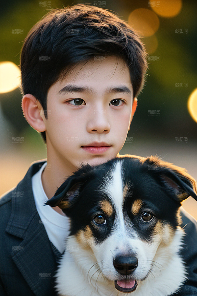 美轮美奂的男孩与狗画像