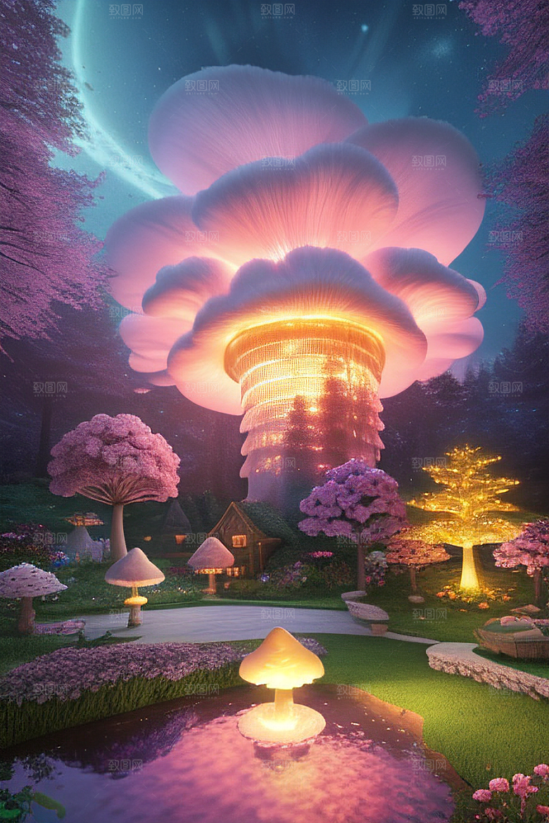 梦幻森林中的粉色蘑菇屋