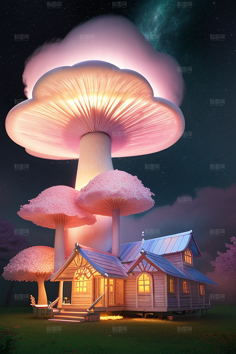 梦幻森林中的粉色蘑菇屋