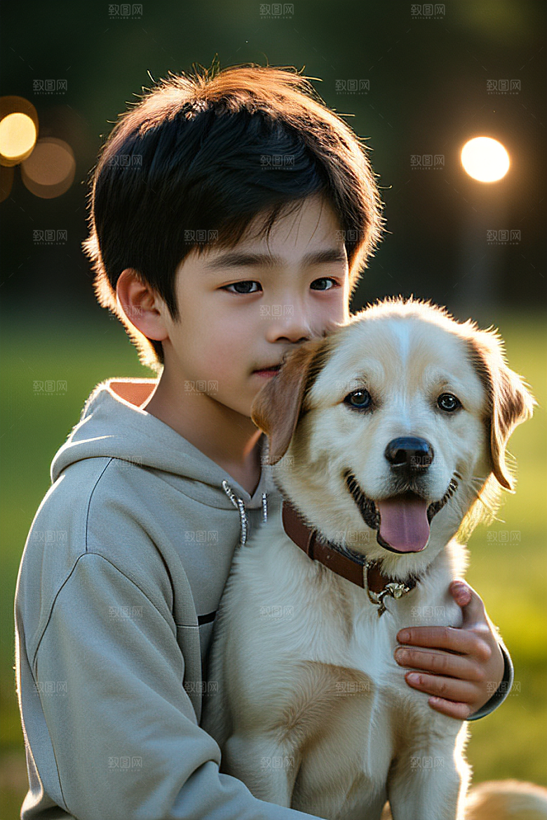 美轮美奂的男孩与狗画像