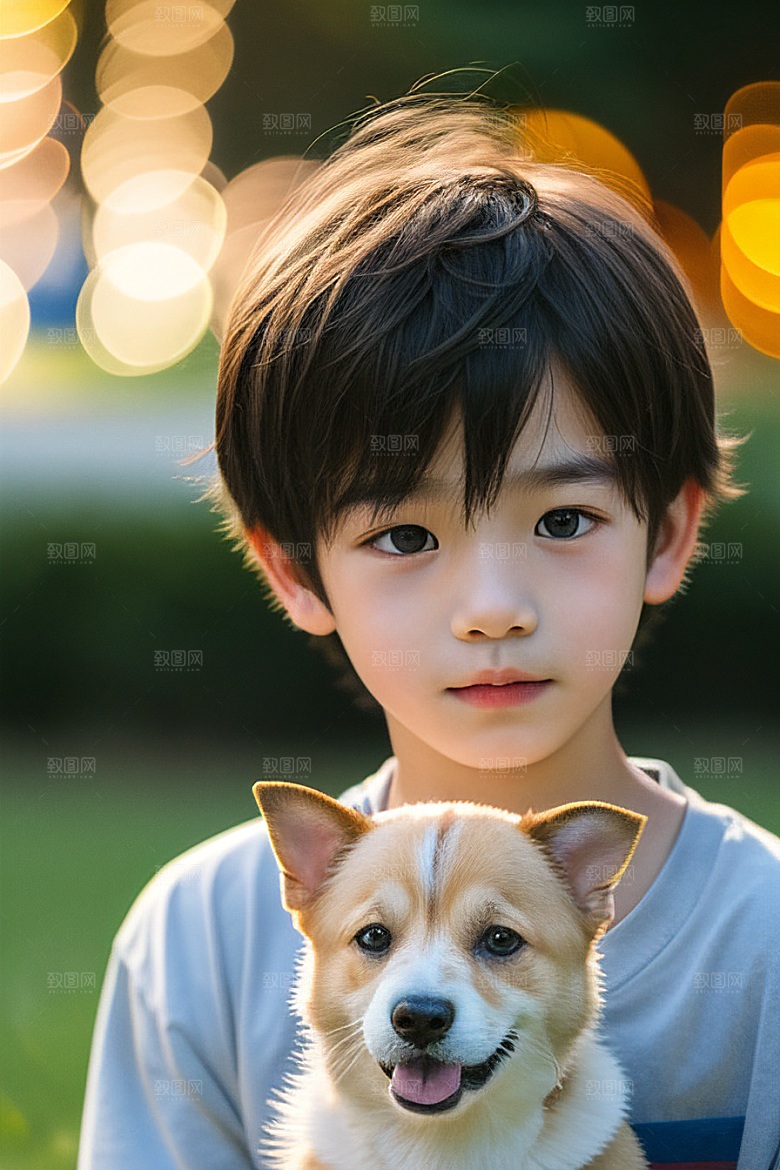 美轮美奂的男孩与狗画像