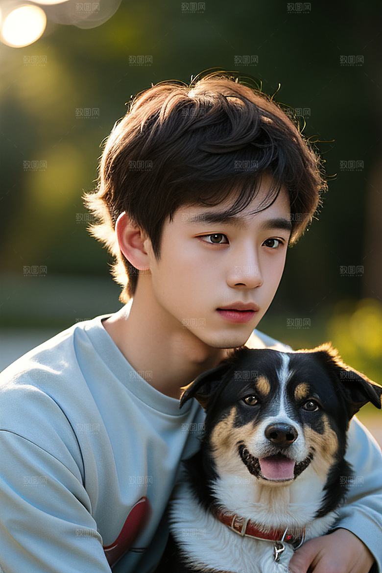 美轮美奂的男孩与狗画像