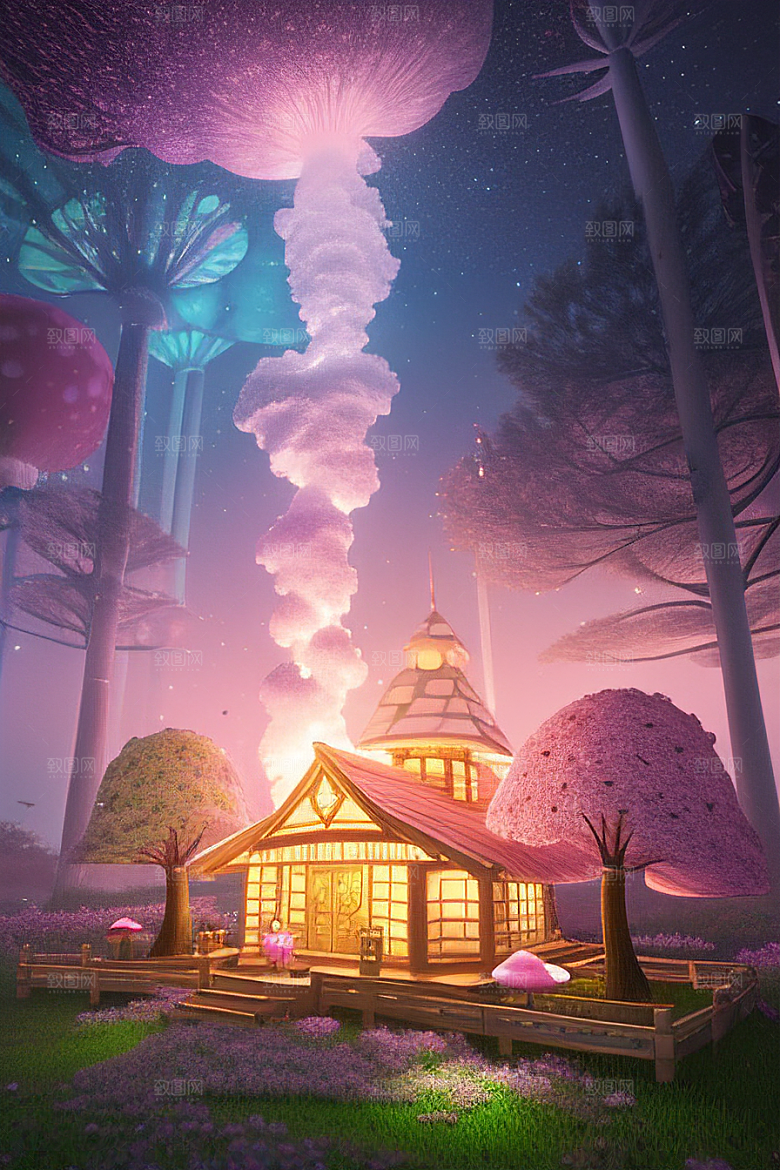 梦幻森林中的粉色蘑菇屋