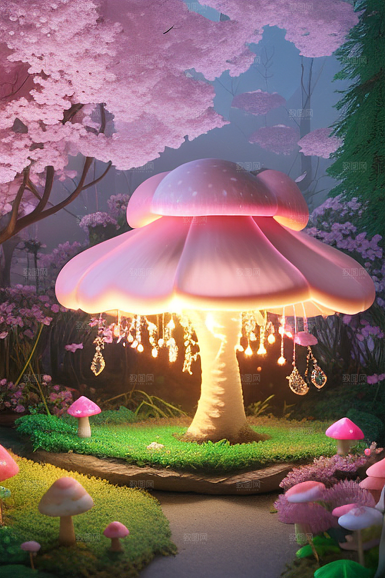 梦幻森林中的粉色蘑菇屋