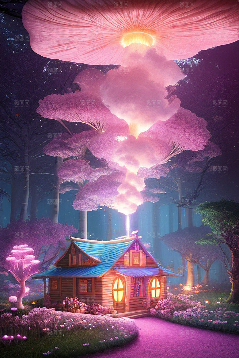 夏日粉色蘑菇屋中的魔法梦境