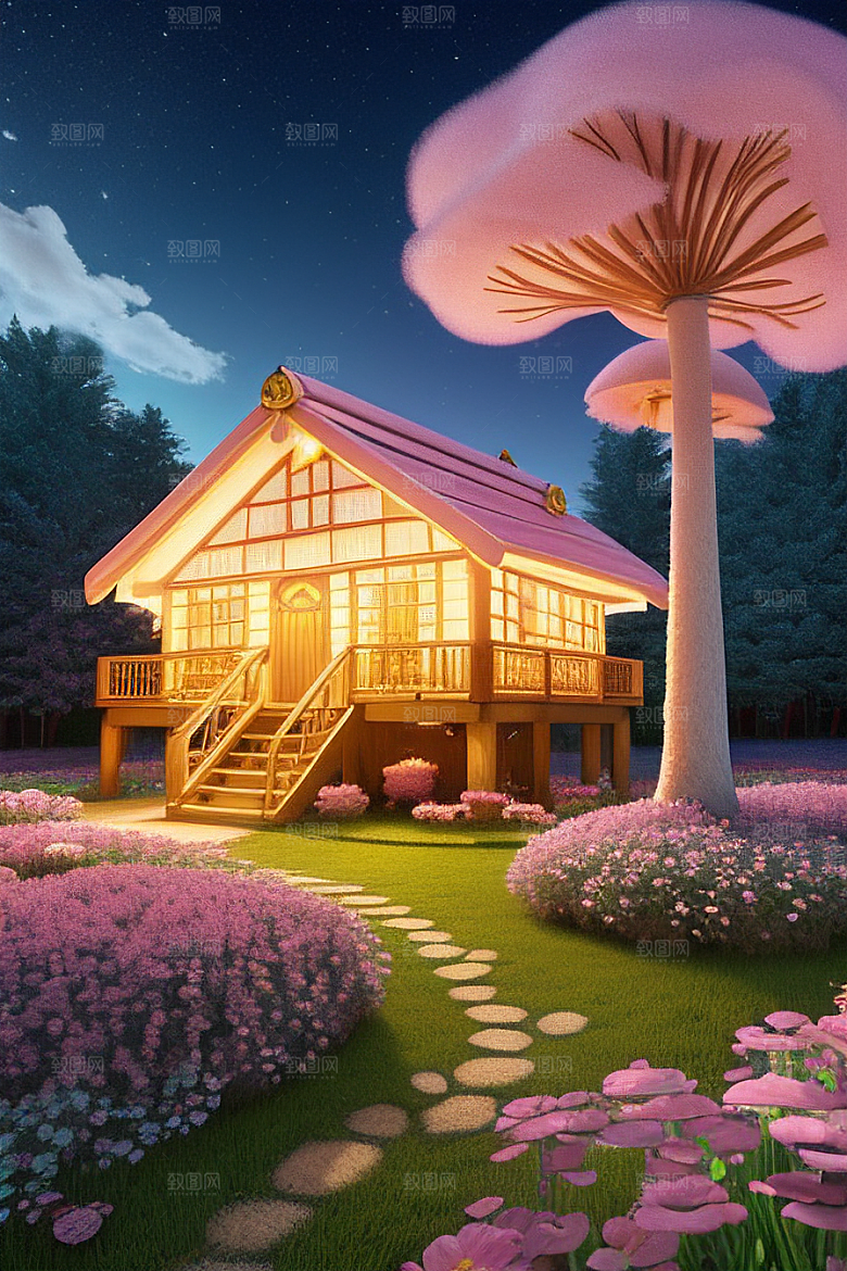 夏日粉色蘑菇屋中的魔法梦境