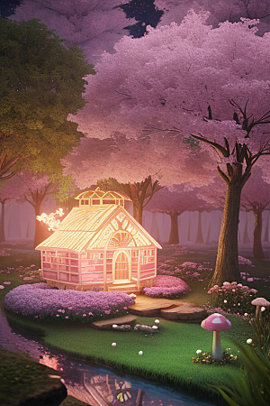 夏日粉色蘑菇屋中的魔法梦境