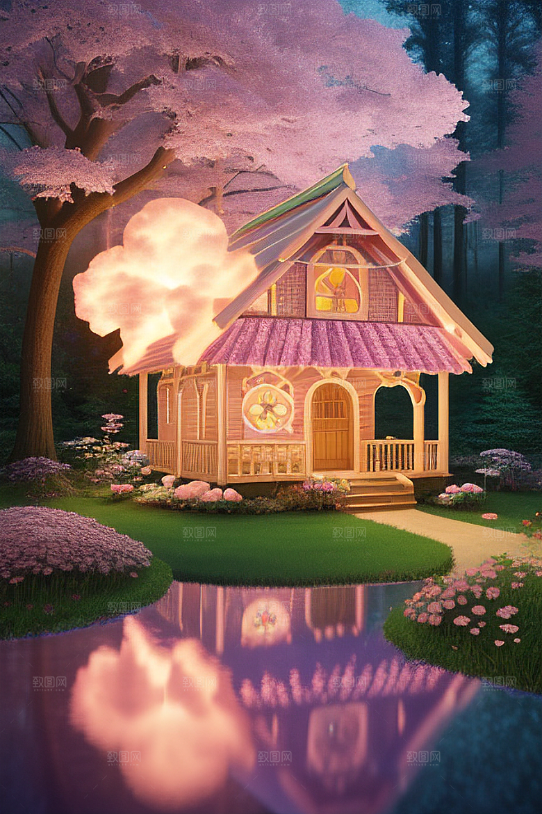 夏日粉色蘑菇屋中的魔法梦境