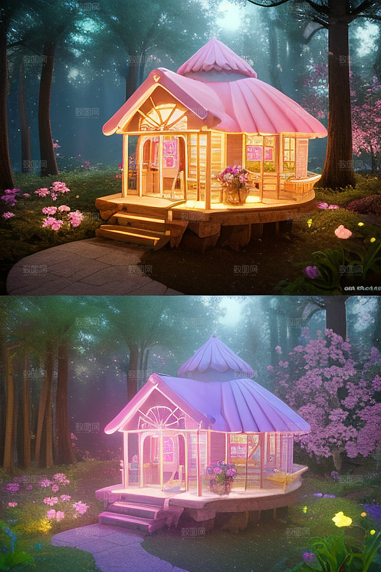 夏日粉色蘑菇屋中的魔法梦境
