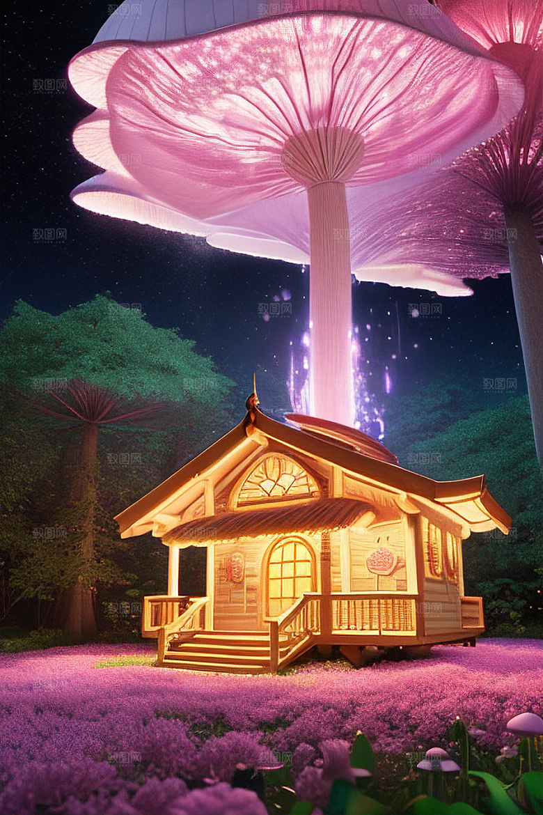 夏日粉色蘑菇屋中的魔法梦境