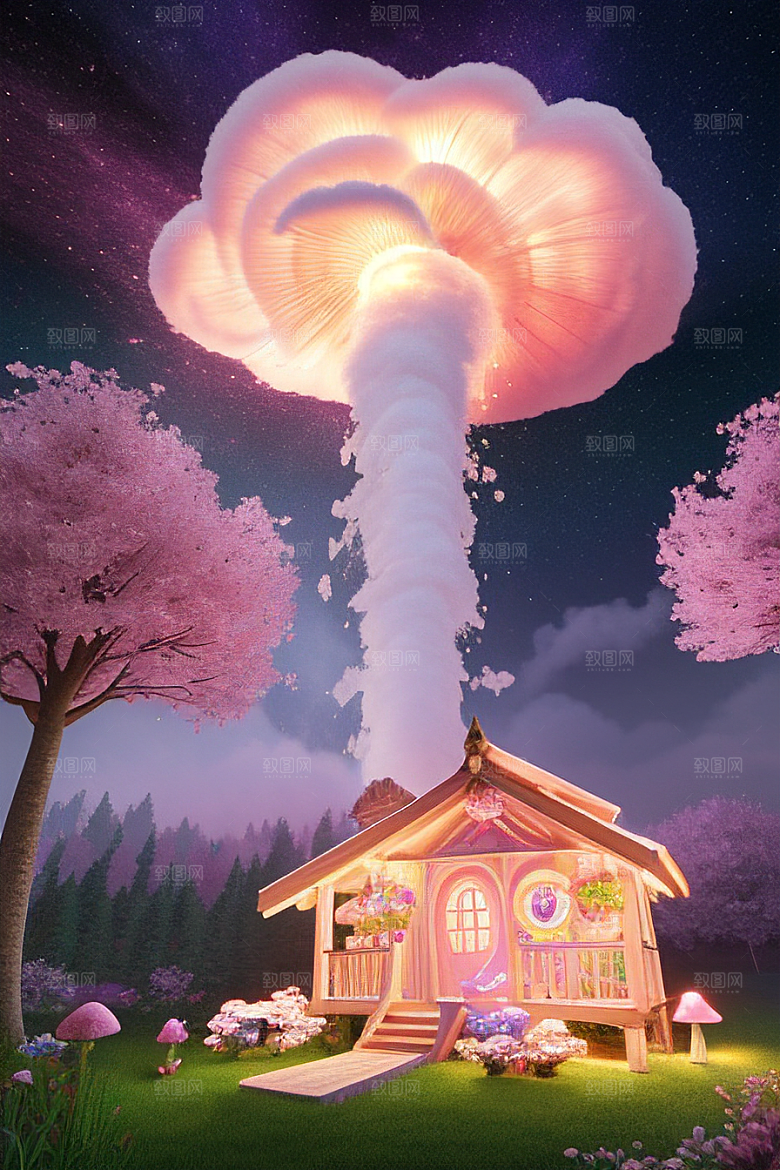 夏日粉色蘑菇屋中的魔法梦境
