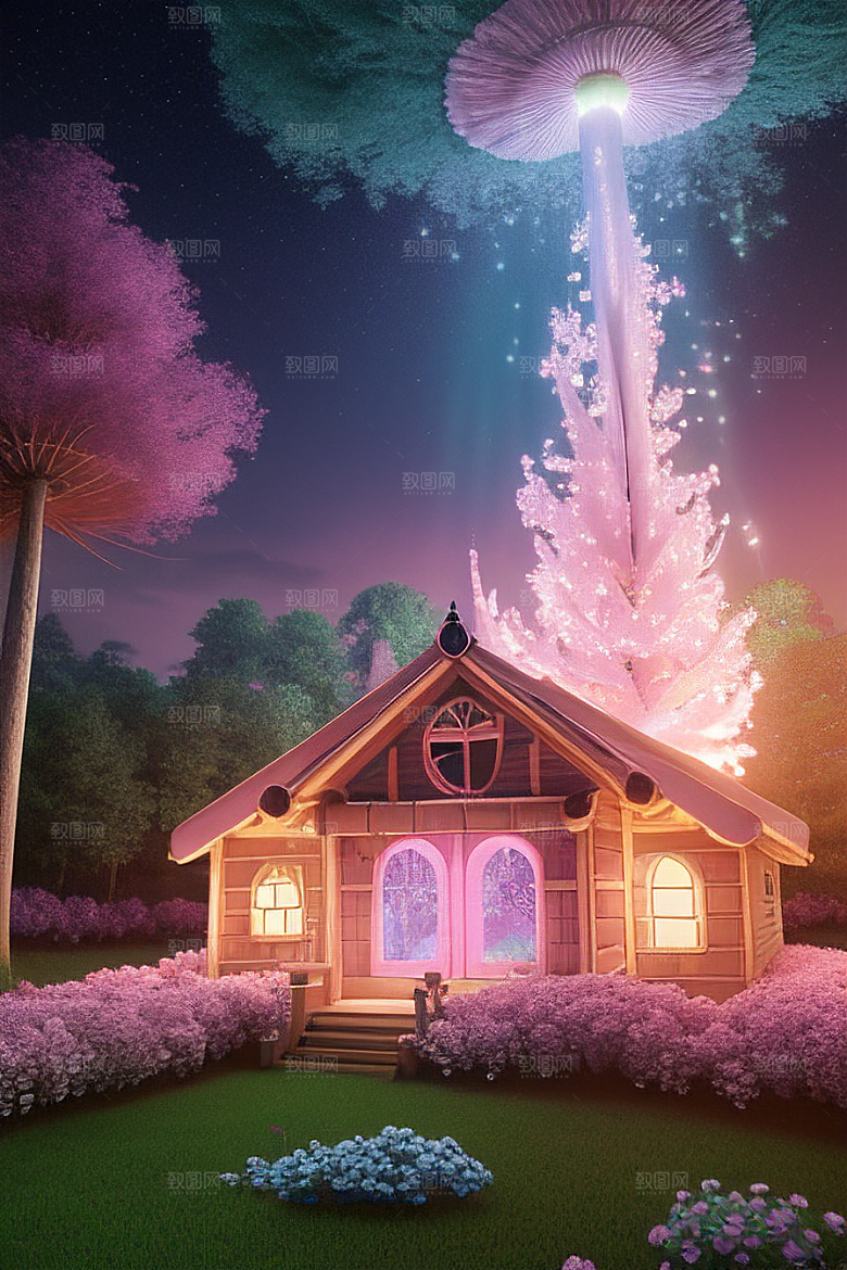 夏日粉色蘑菇屋中的魔法梦境