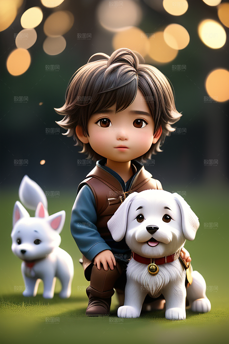 魔幻的男孩与狗肖像