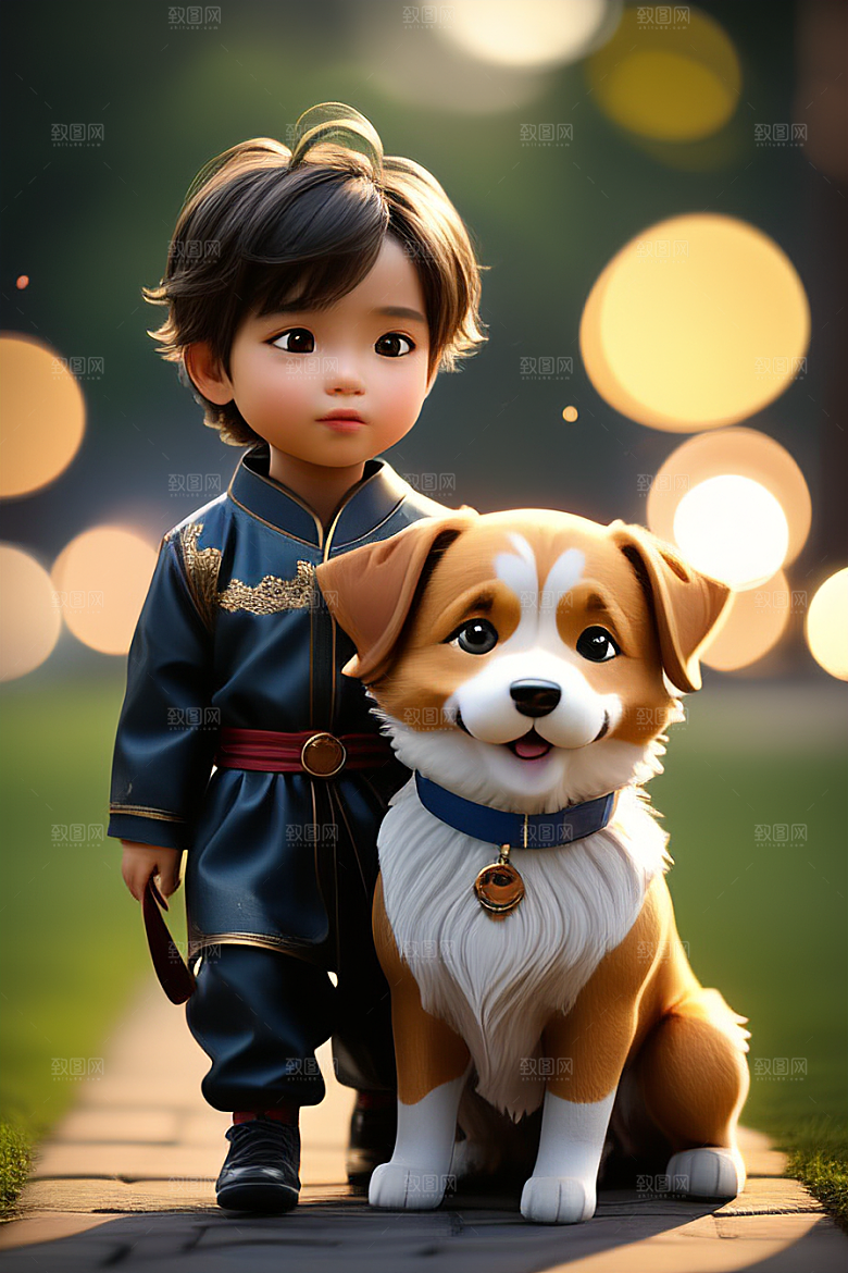 心有灵犀男孩与狗的画像