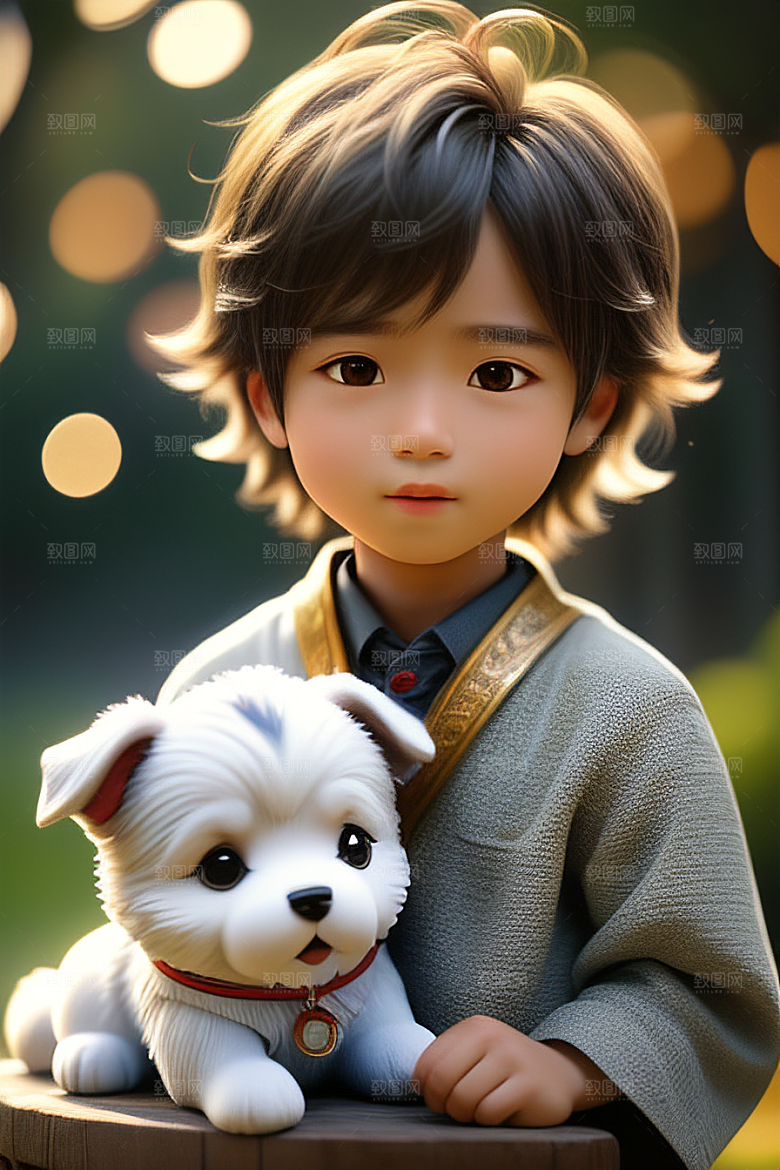 心有灵犀男孩与狗的画像