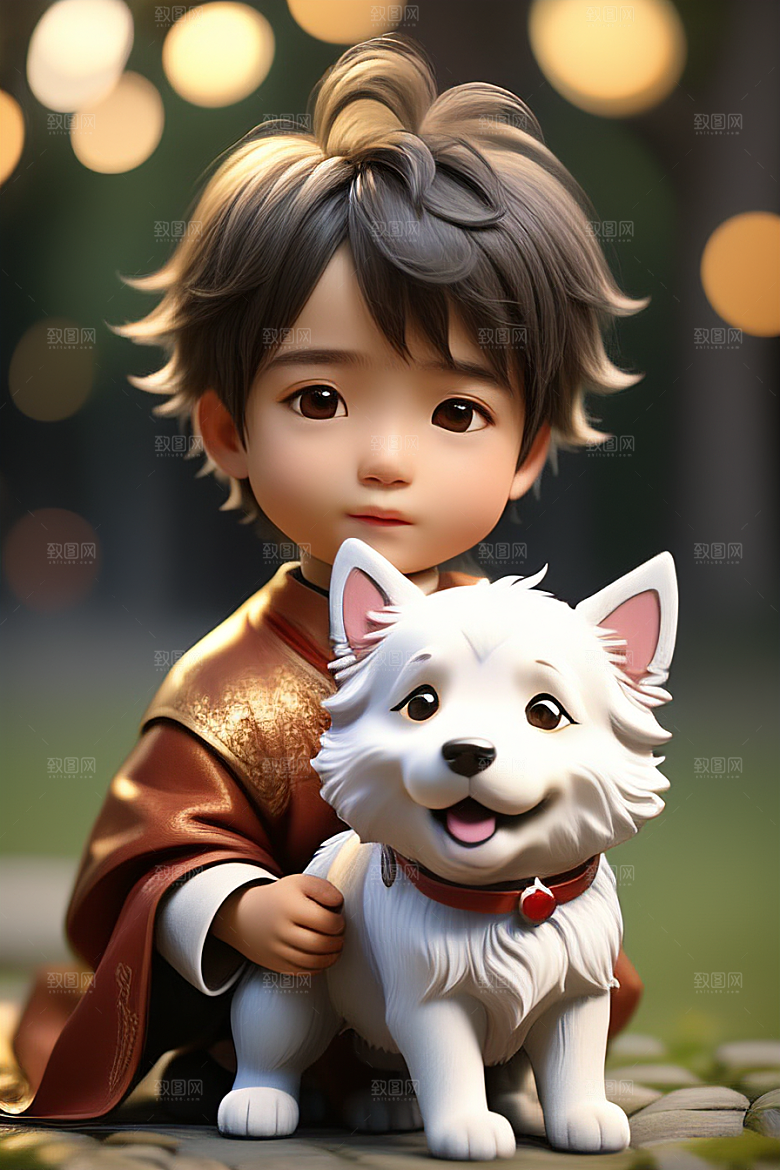 心有灵犀男孩与狗的画像