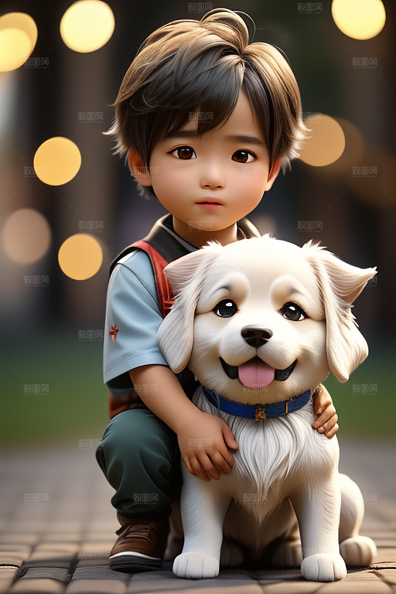 心有灵犀男孩与狗的画像