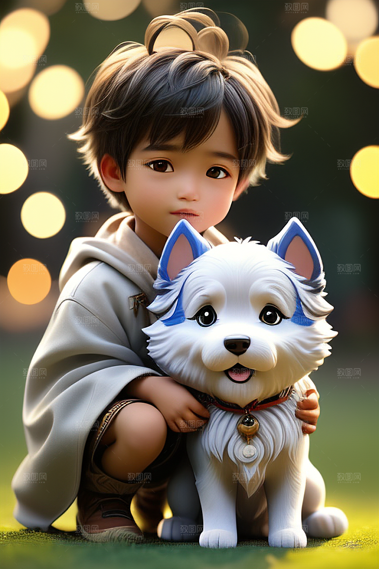 心有灵犀男孩与狗的画像