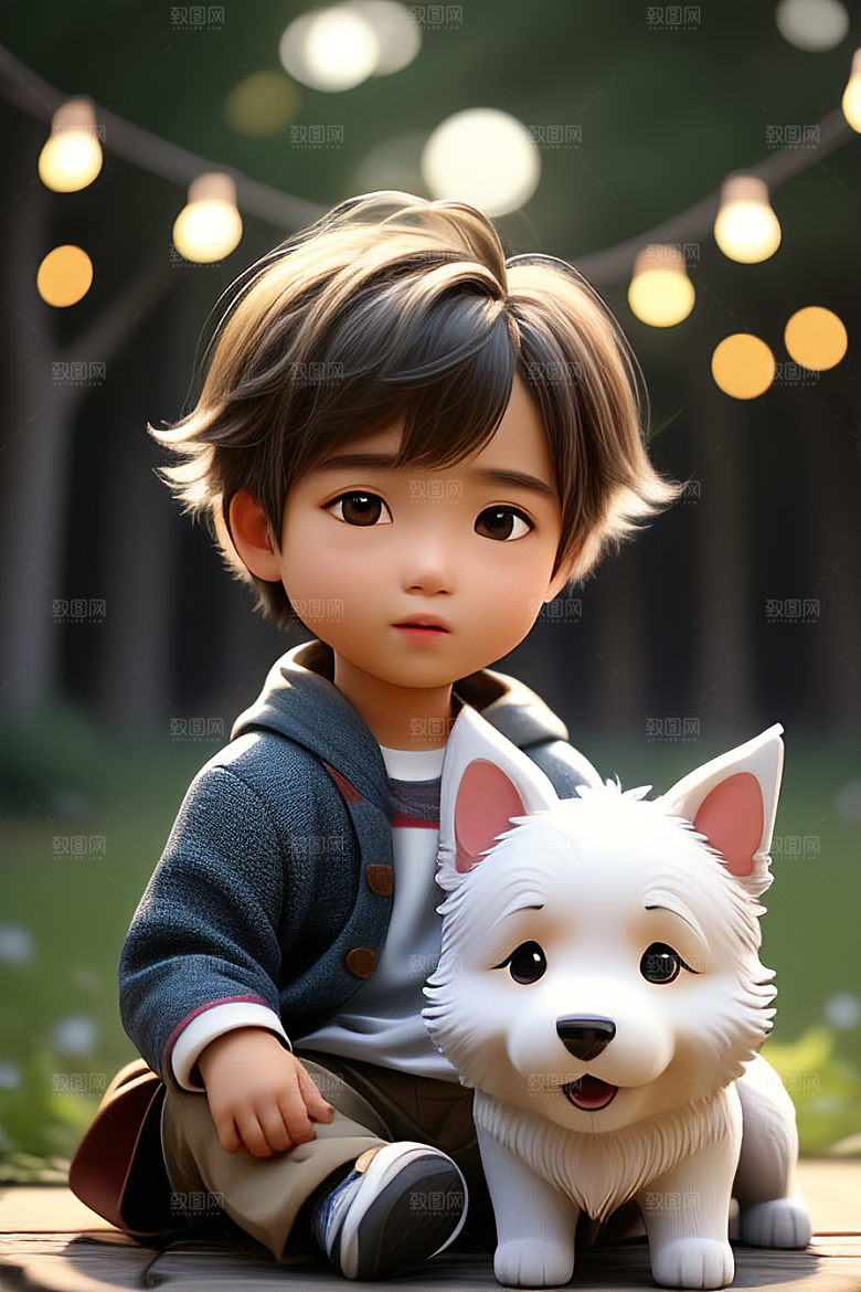 心有灵犀男孩与狗的画像