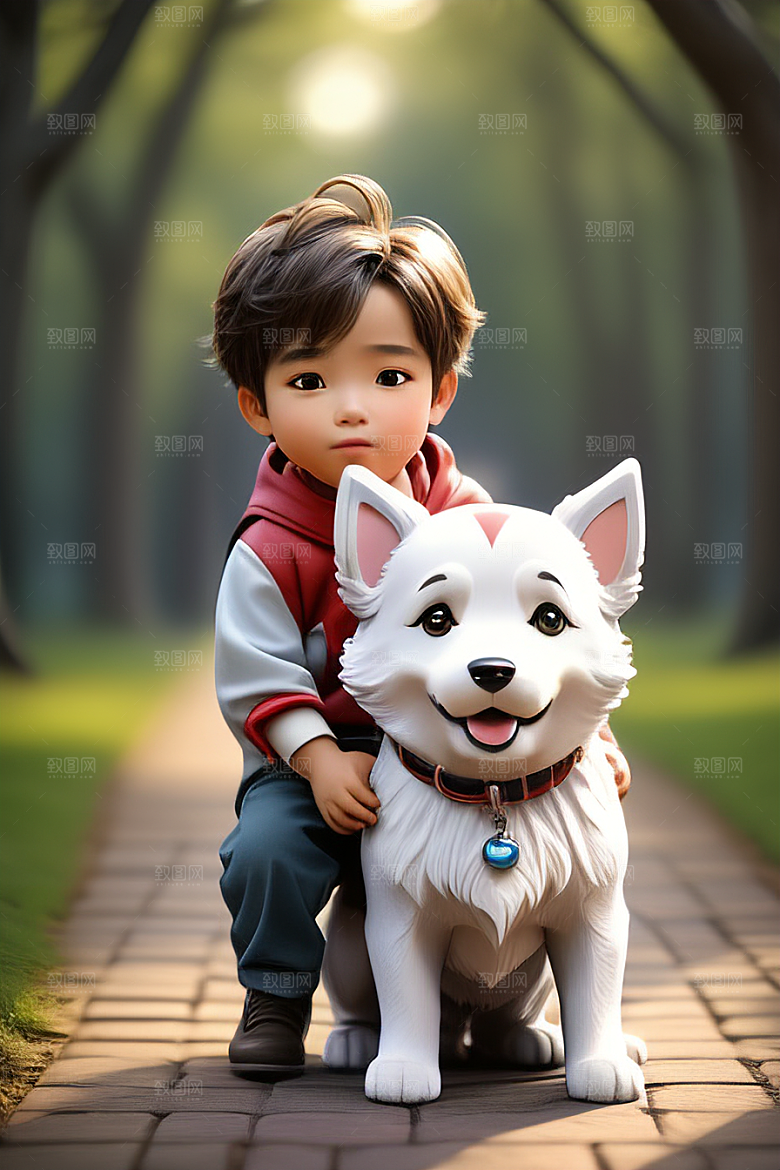 心有灵犀男孩与狗的画像