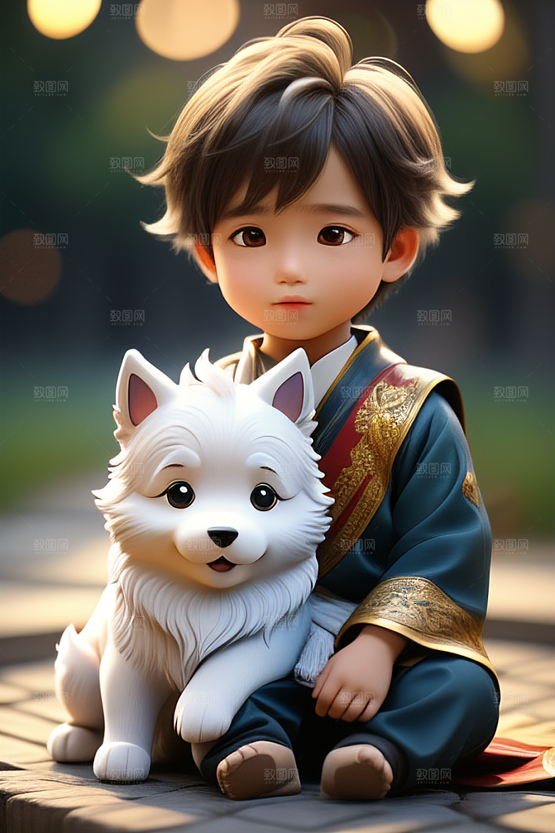 心有灵犀男孩与狗的画像