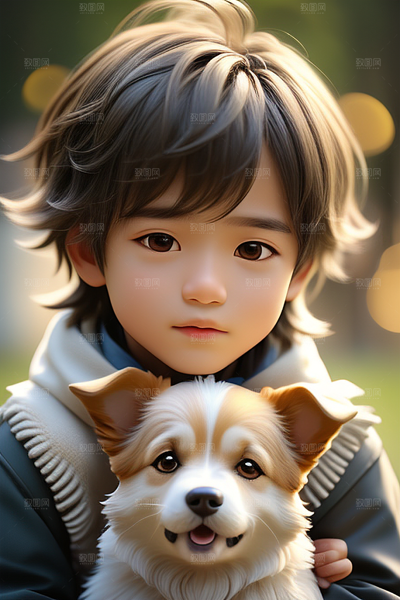 心有灵犀男孩与狗的画像