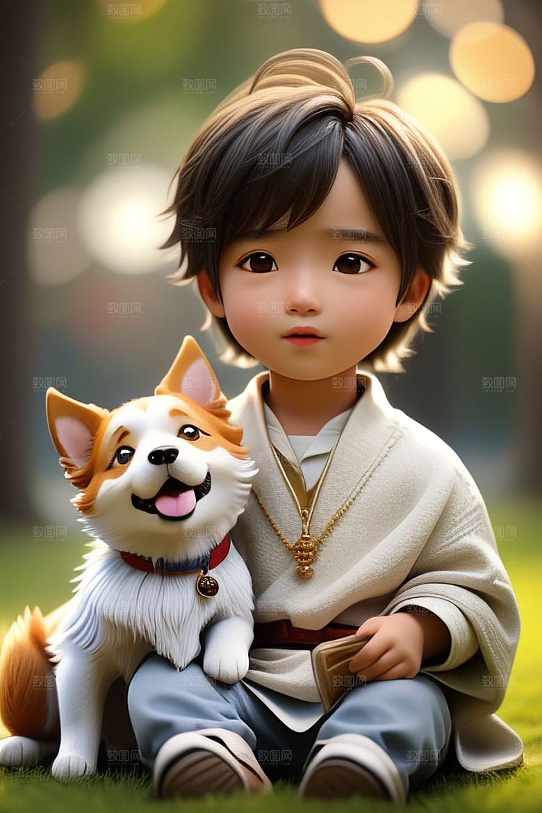 心有灵犀男孩与狗的画像