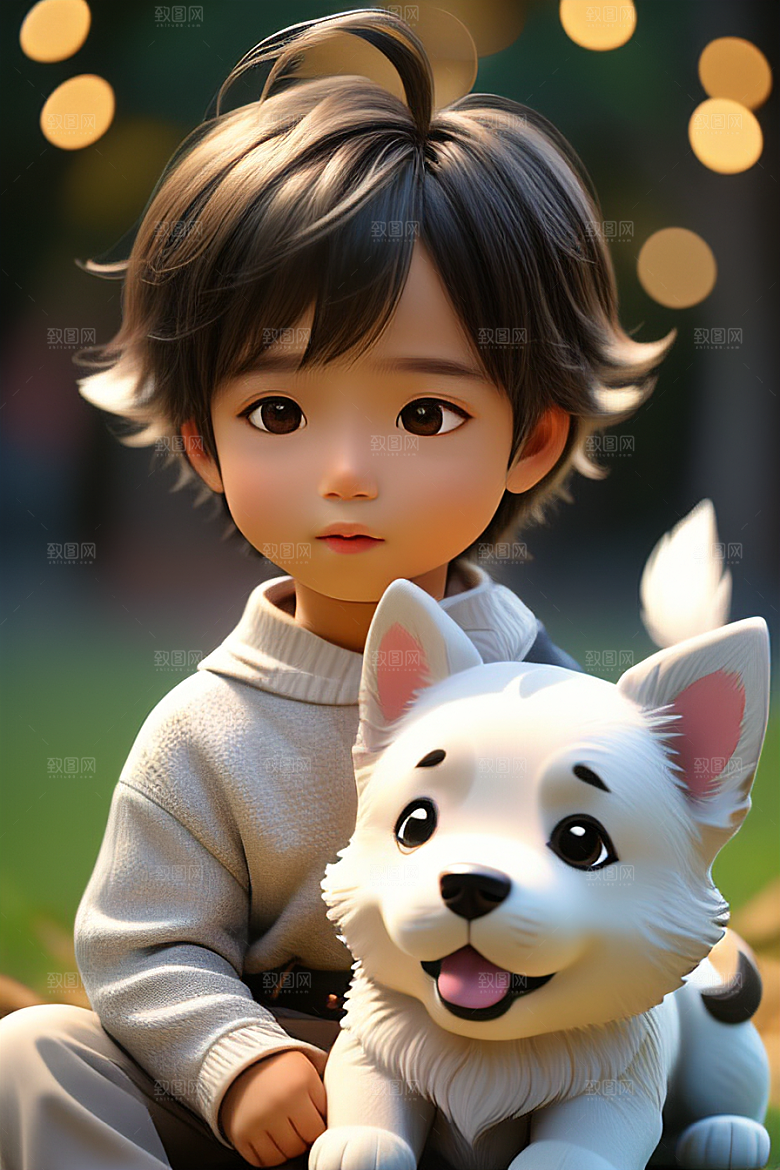 心有灵犀男孩与狗的画像