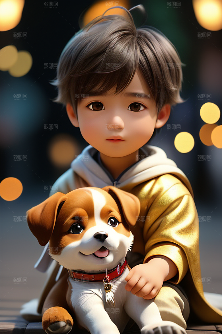 心有灵犀男孩与狗的画像