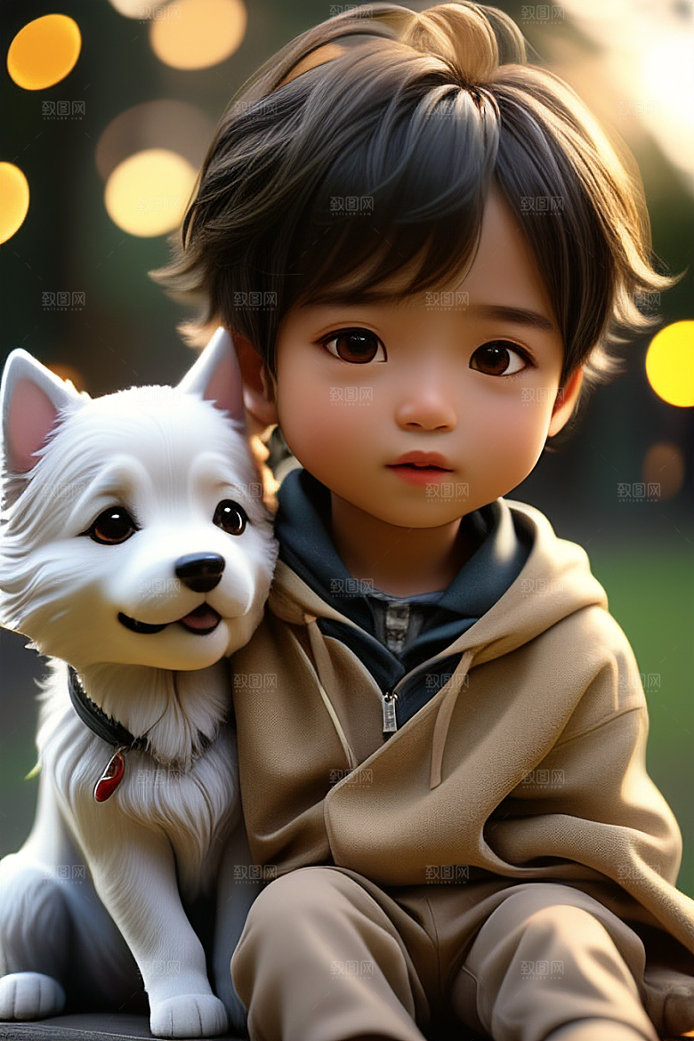 美轮美奂的男孩与狗画像