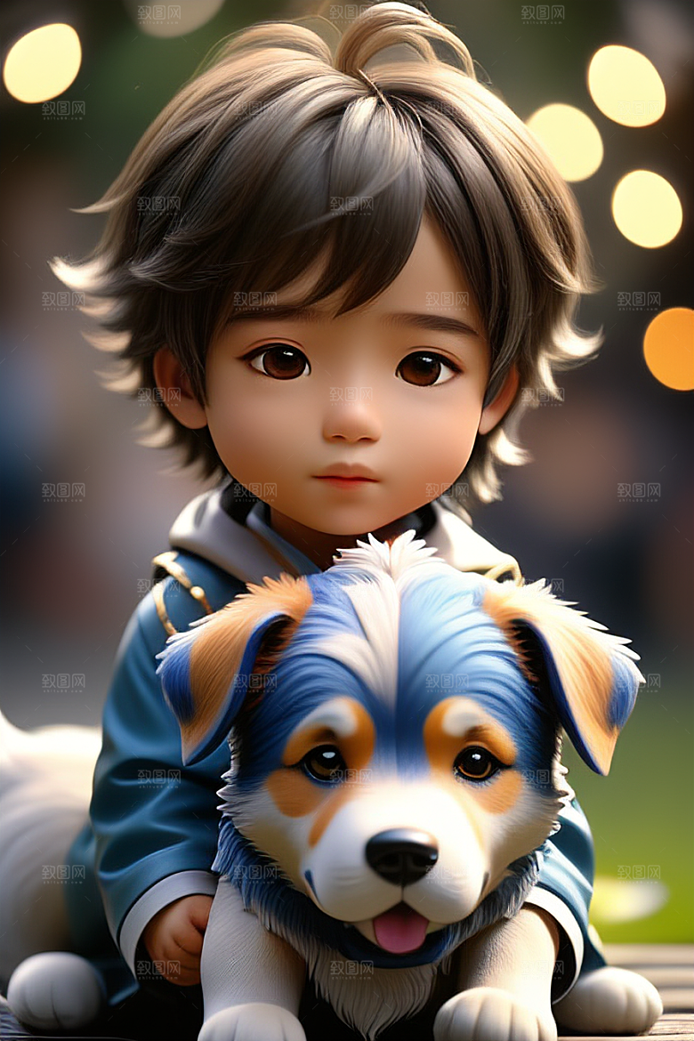 美轮美奂的男孩与狗画像