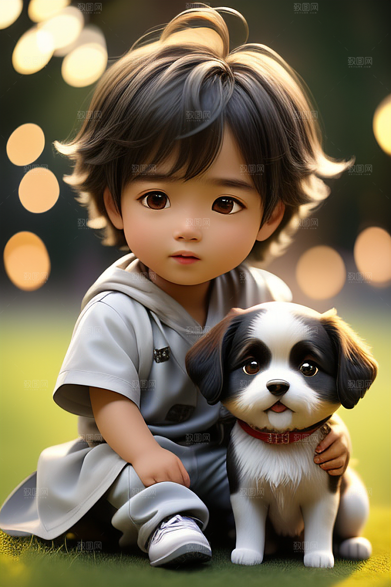 美轮美奂的男孩与狗画像