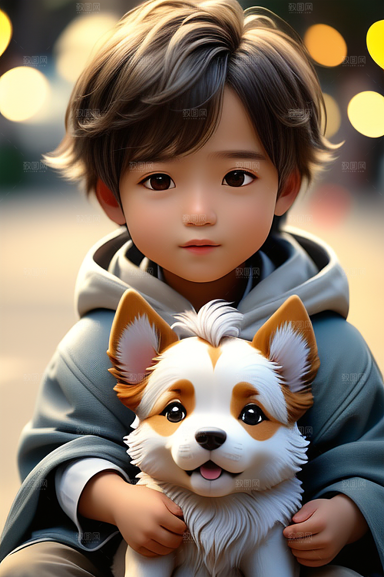美轮美奂的男孩与狗画像