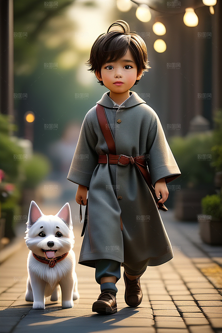 美轮美奂的男孩与狗画像