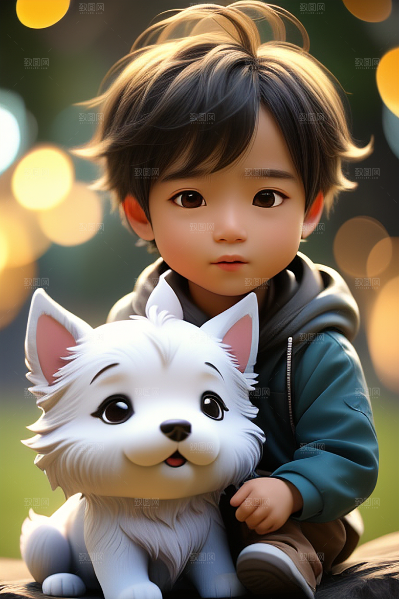 美轮美奂的男孩与狗画像