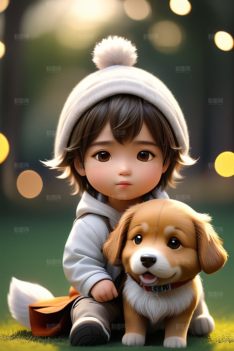 美轮美奂的男孩与狗画像