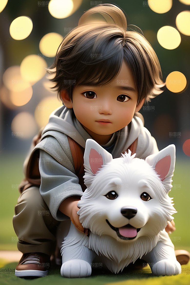 美轮美奂的男孩与狗画像