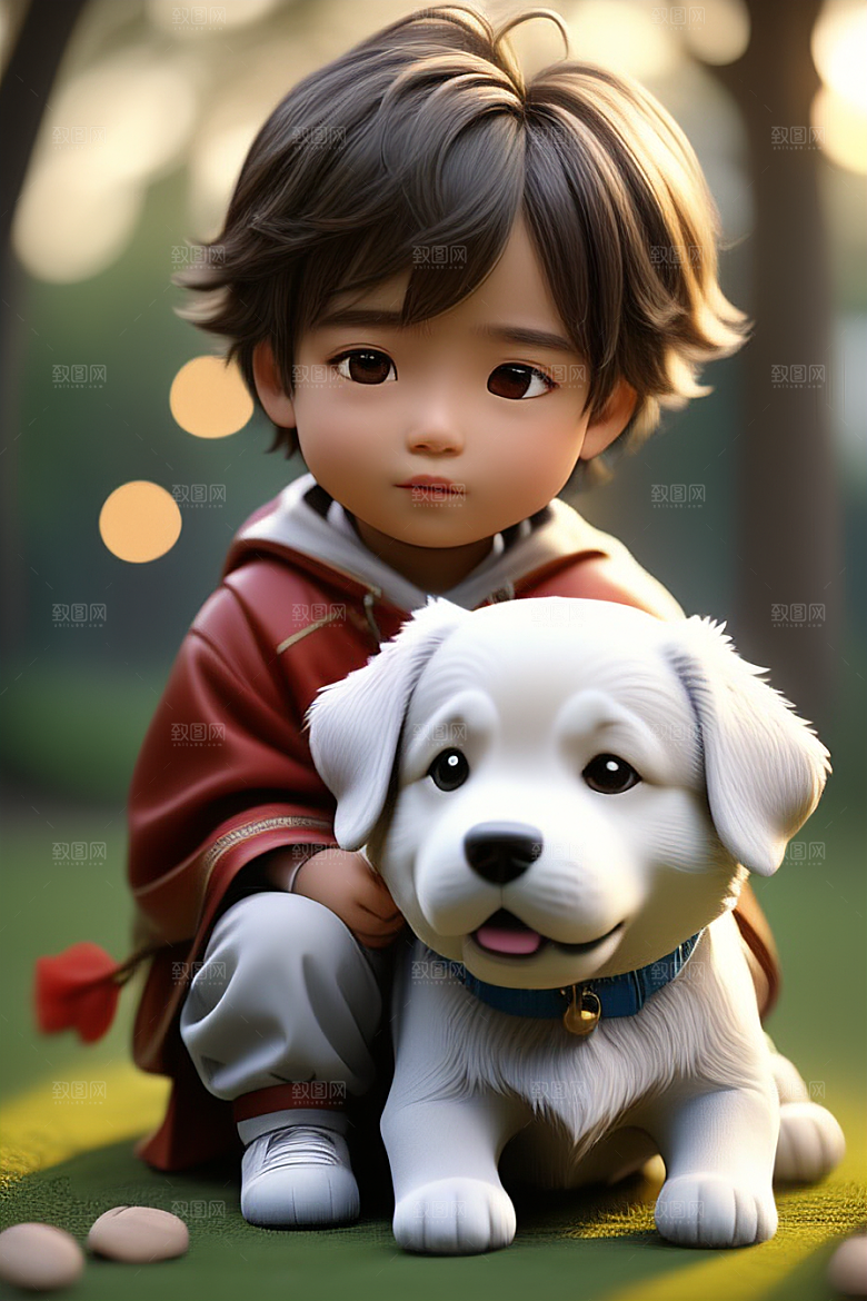 美轮美奂的男孩与狗画像