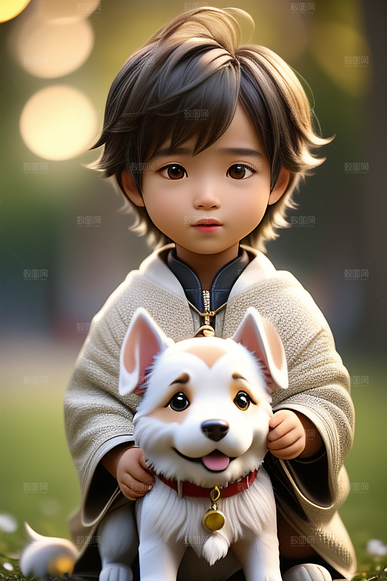 美轮美奂的男孩与狗画像