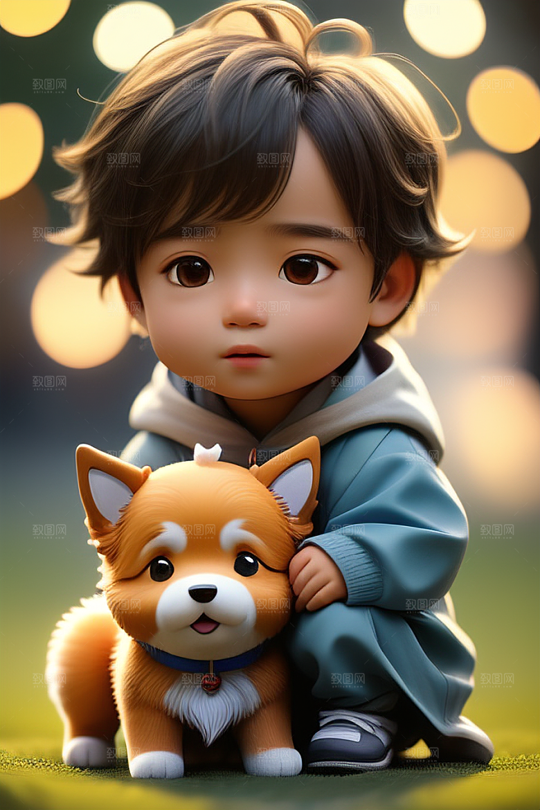 美轮美奂的男孩与狗画像
