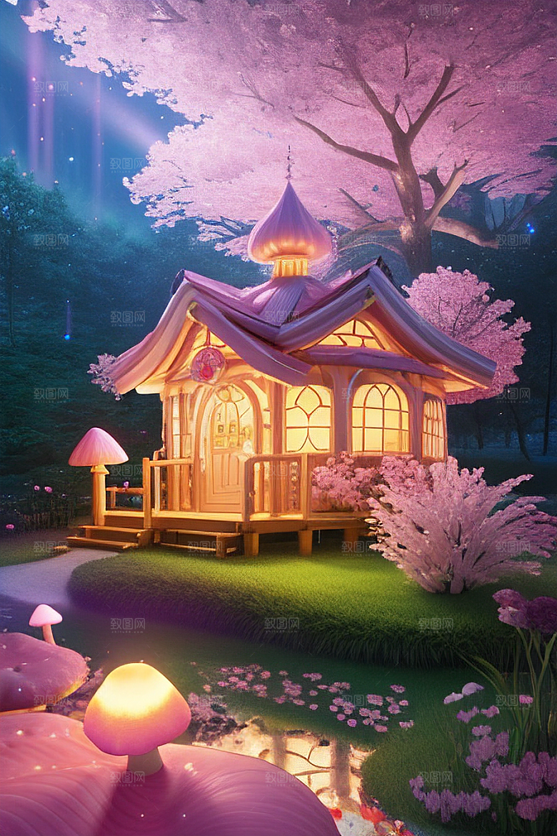 夏日粉色蘑菇屋的童话梦境