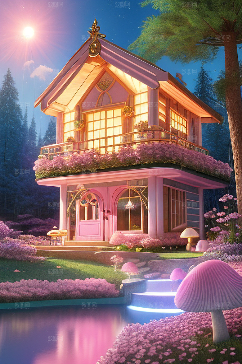 粉色蘑菇屋中的夏日仙境