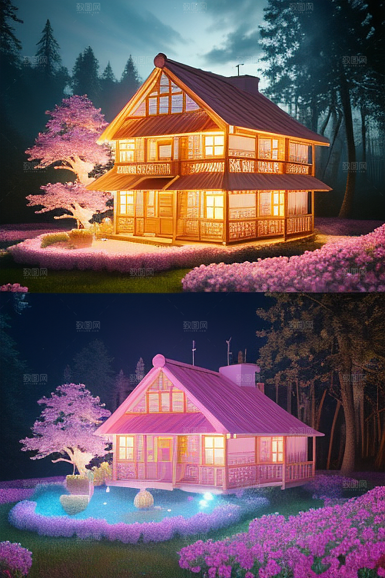 粉色蘑菇屋中的夏日仙境