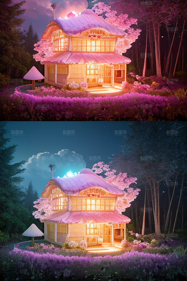 粉色蘑菇屋中的夏日仙境