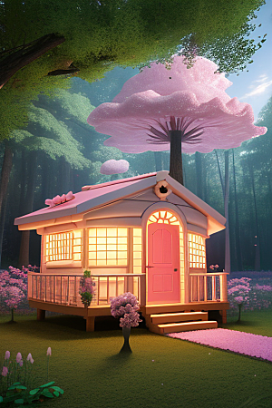 梦幻森林中的粉色蘑菇屋