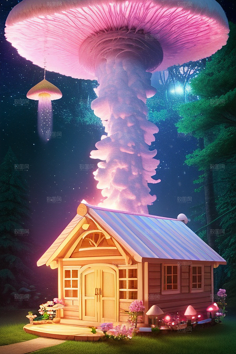 梦幻森林中的粉色蘑菇屋