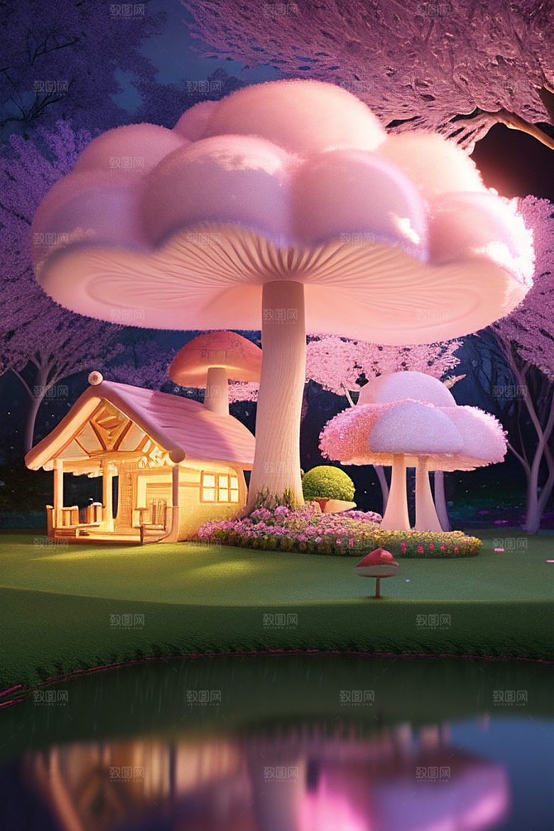 梦幻森林中的粉色蘑菇屋